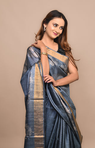 Kosakari "Tvesha" Deep Indigo Pure Kosa Silk Saree with Hand Block Printed Floral Motifs & Antique Gold Border