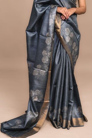 Kosakari "Tvesha" Deep Indigo Pure Kosa Silk Saree with Hand Block Printed Floral Motifs & Antique Gold Border