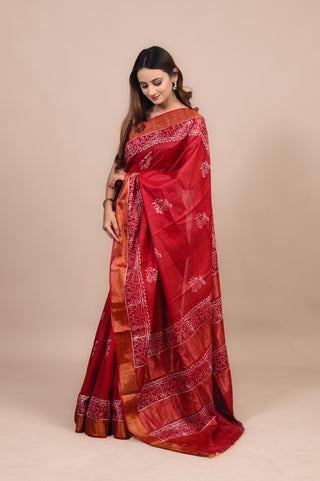 Red Hand Block Printed Blended Kosa Silk Saree