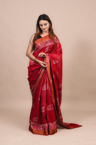 Red Hand Block Printed Blended Kosa Silk Saree