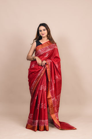 Red Hand Block Printed Blended Kosa Silk Saree