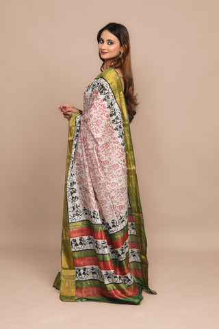 Bastar Art Hand Block Printed Blended Kosa Silk Saree