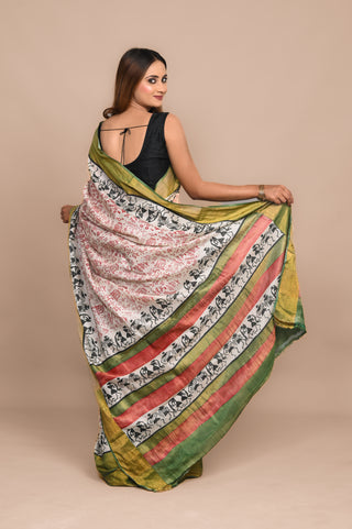 Bastar Art Hand Block Printed Blended Kosa Silk Saree