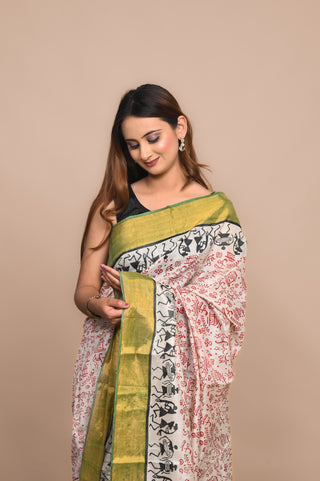 Bastar Art Hand Block Printed Blended Kosa Silk Saree