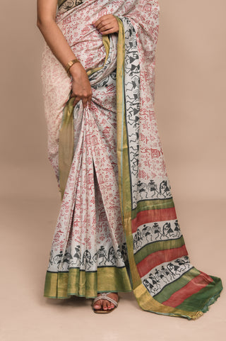 Bastar Art Hand Block Printed Blended Kosa Silk Saree
