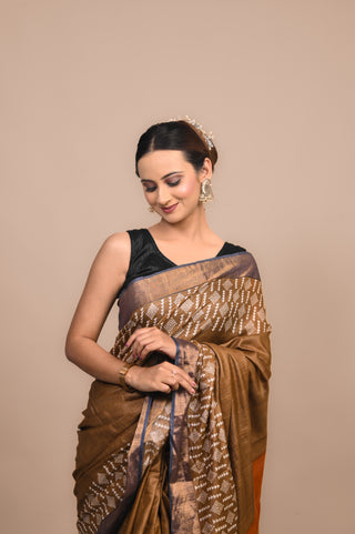 Tribal Hand Block Printed Blended Kosa Silk Saree