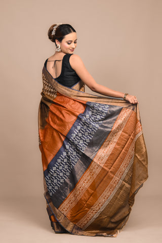 Tribal Hand Block Printed Blended Kosa Silk Saree