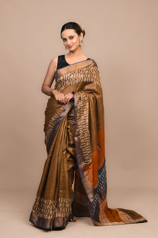 Tribal Hand Block Printed Blended Kosa Silk Saree