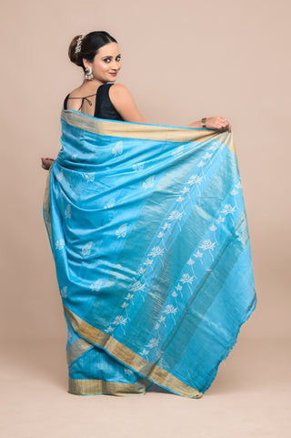 Kosakari Neelambari Sky Blue Hand Block Printed Blended Kosa Silk Saree