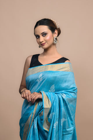 Kosakari Neelambari Sky Blue Hand Block Printed Blended Kosa Silk Saree