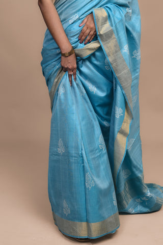 Kosakari Neelambari Sky Blue Hand Block Printed Blended Kosa Silk Saree