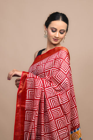 Tribal Dance Hand Block Printed Blended Kosa Silk Saree