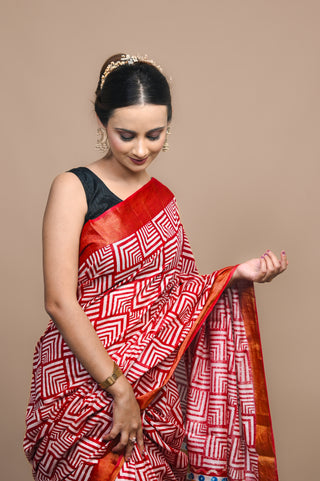 Tribal Dance Hand Block Printed Blended Kosa Silk Saree