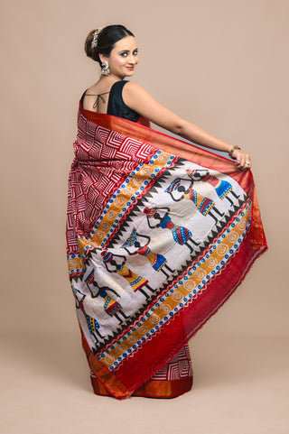 Tribal Dance Hand Block Printed Blended Kosa Silk Saree