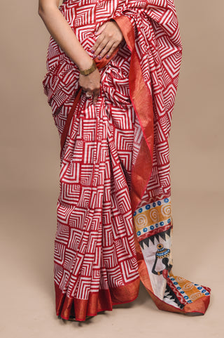 Tribal Dance Hand Block Printed Blended Kosa Silk Saree