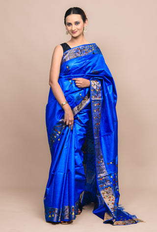 Kosakari "Taarini" Royal Blue Pure Kosa Silk Saree with Hand Painted Godna Art & Tribal Narrative Pallu