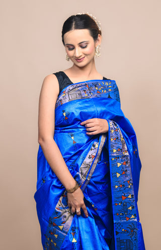 Kosakari "Taarini" Royal Blue Pure Kosa Silk Saree with Hand Painted Godna Art & Tribal Narrative Pallu