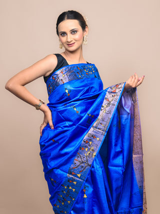 Kosakari "Taarini" Royal Blue Pure Kosa Silk Saree with Hand Painted Godna Art & Tribal Narrative Pallu