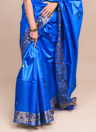 Kosakari "Taarini" Royal Blue Pure Kosa Silk Saree with Hand Painted Godna Art & Tribal Narrative Pallu