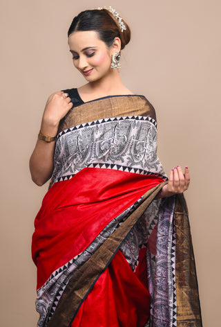 Madhubani Elephant Hand Block Printed Blended Kosa Silk Saree