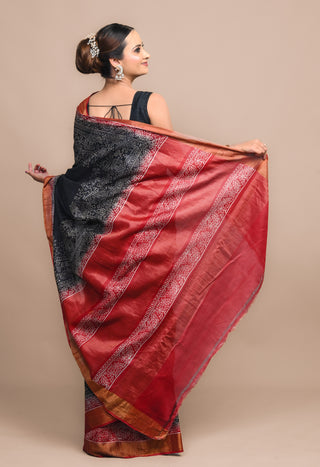Tribal Village Story Hand Block Printed Blended Kosa Silk Saree
