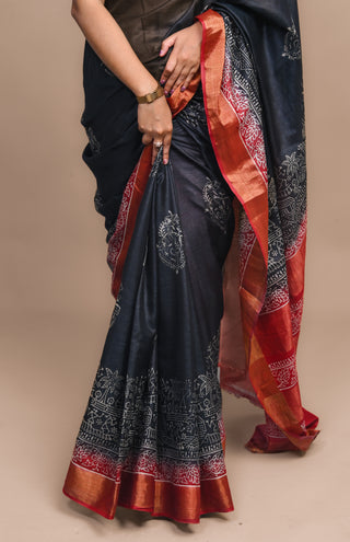 Tribal Village Story Hand Block Printed Blended Kosa Silk Saree