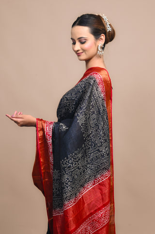 Tribal Village Story Hand Block Printed Blended Kosa Silk Saree
