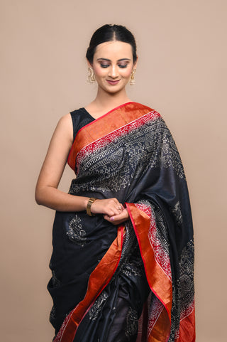 Tribal Village Story Hand Block Printed Blended Kosa Silk Saree