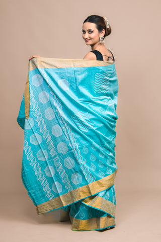 Turquoise Hand Block Printed Blended Kosa Silk Saree