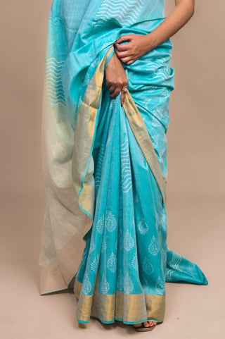 Turquoise Hand Block Printed Blended Kosa Silk Saree