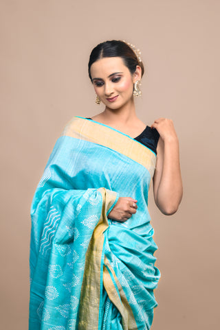 Turquoise Hand Block Printed Blended Kosa Silk Saree