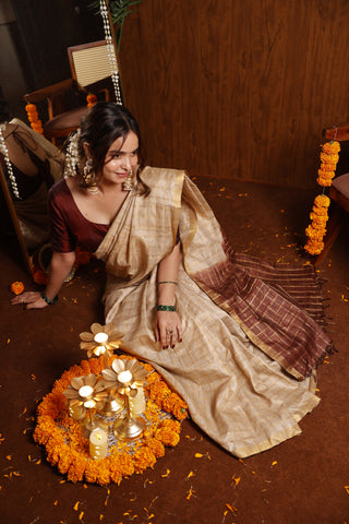 Kosakari Mallika | Off-White Pure Kosa Tussar Silk Saree from Chhattisgarh
