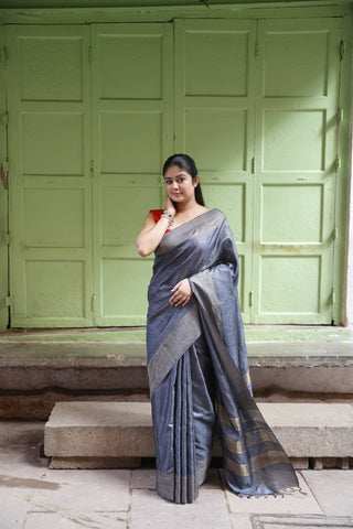 Kosakari Rajat | Steel Grey Pure Kosa Tussar Silk Saree from Chhattisgarh