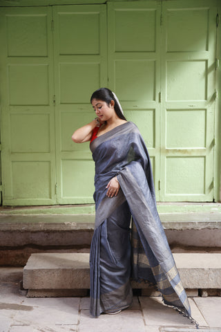 Kosakari Rajat | Steel Grey Pure Kosa Tussar Silk Saree from Chhattisgarh