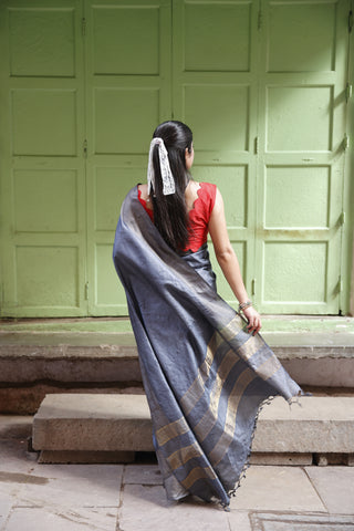 Kosakari Rajat | Steel Grey Pure Kosa Tussar Silk Saree from Chhattisgarh