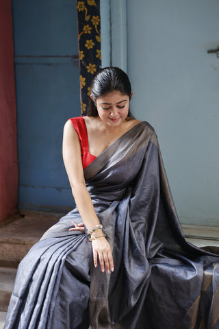 Kosakari Rajat | Steel Grey Pure Kosa Tussar Silk Saree from Chhattisgarh